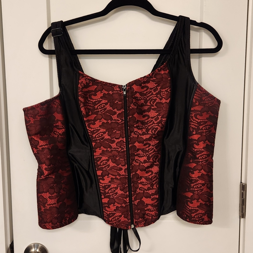 Scarlet red floral lace zip corset top